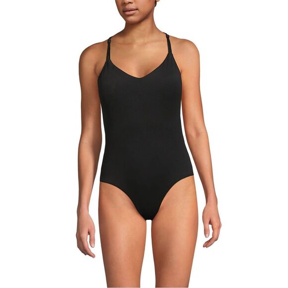 Land's End Tuggless one piece bathing suit quick dry high leg black 14 petite - Picture 3 of 5